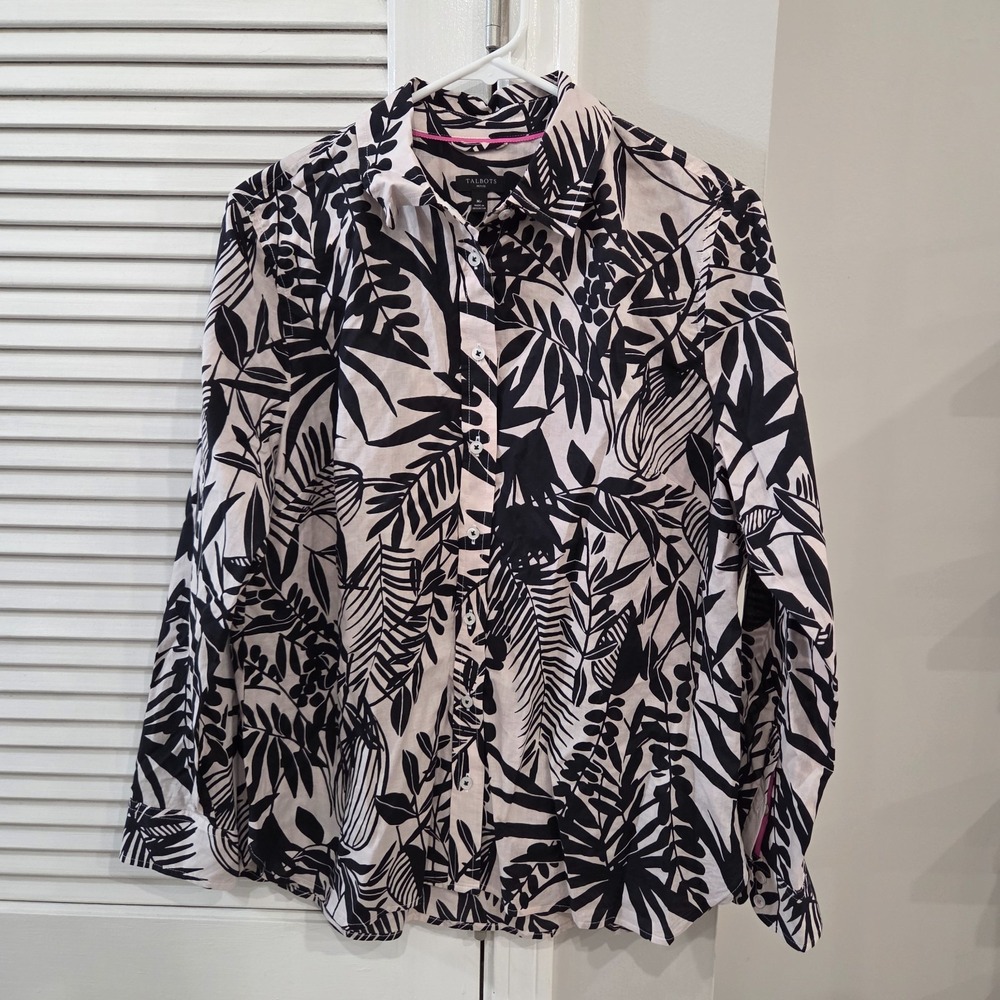 Talbots Petite Silhouette Ferns Black & White Long Sleeve Button Up Shirt Med/P